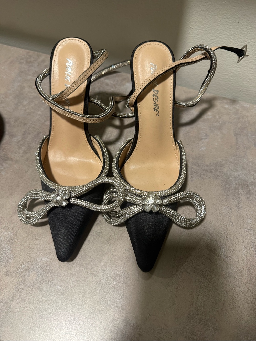 Elegant Black Satin Pointed Toe Heels with Crystal Bow
